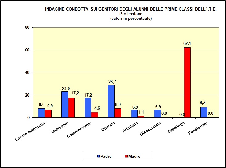 Grafico a barre che individua la professione dei genitori della popolazione scolastica dell’I.T.E.