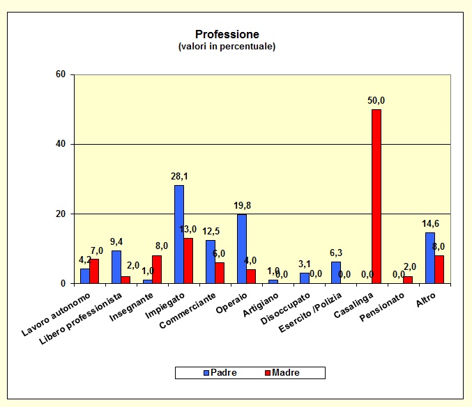 Grafico a barre che individua la professione dei genitori della popolazione scolastica del Liceo