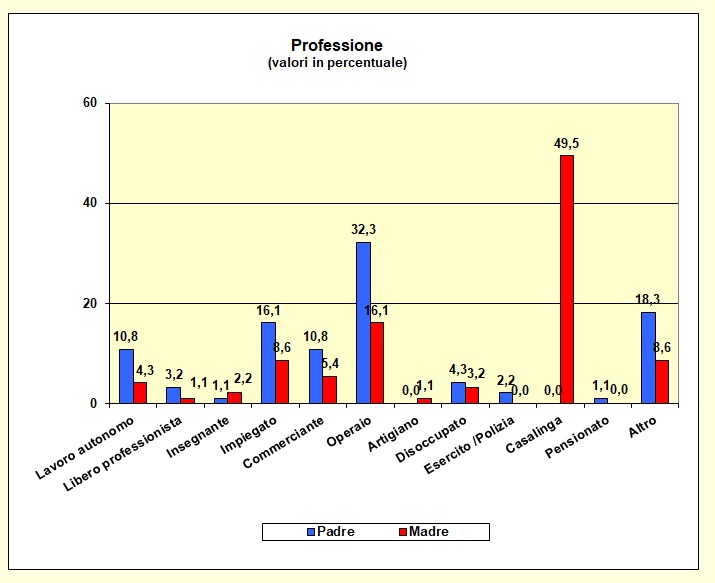 Grafico a barre che individua la professione dei genitori della popolazione scolastica dell’I.T.E.