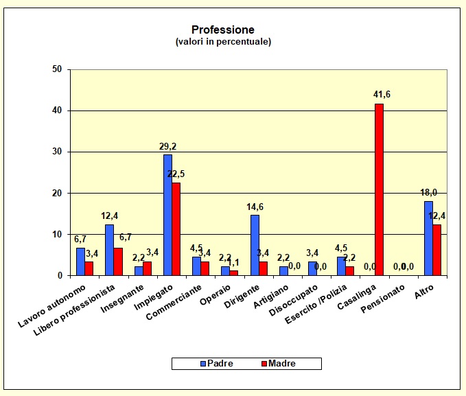 Grafico a barre che individua la professione dei genitori della popolazione scolastica del Liceo