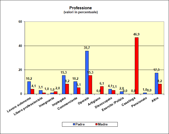 Grafico a barre che individua la professione dei genitori della popolazione scolastica dell’I.T.E.
