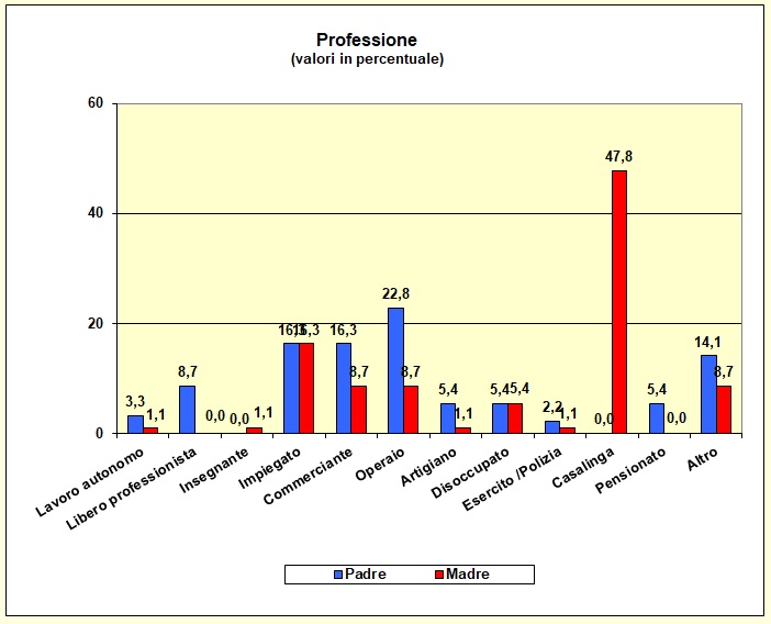 Grafico a barre che individua la professione dei genitori della popolazione scolastica dell’I.T.E.