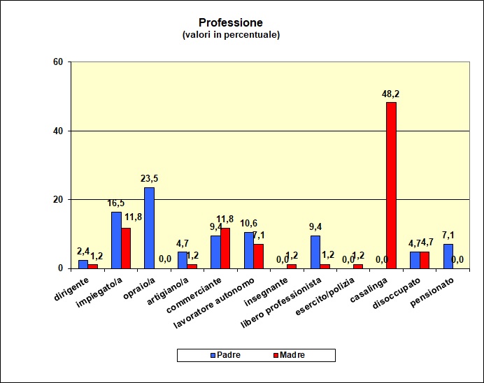 Grafico a barre che individua la professione dei genitori della popolazione scolastica dell’I.T.E.